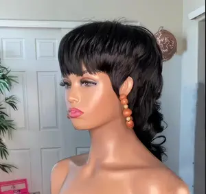 Glueless Brazilian Human Hair Wigs for Women - Pixie Cut Mullet Wig with Bangs, Body Wave/Curly