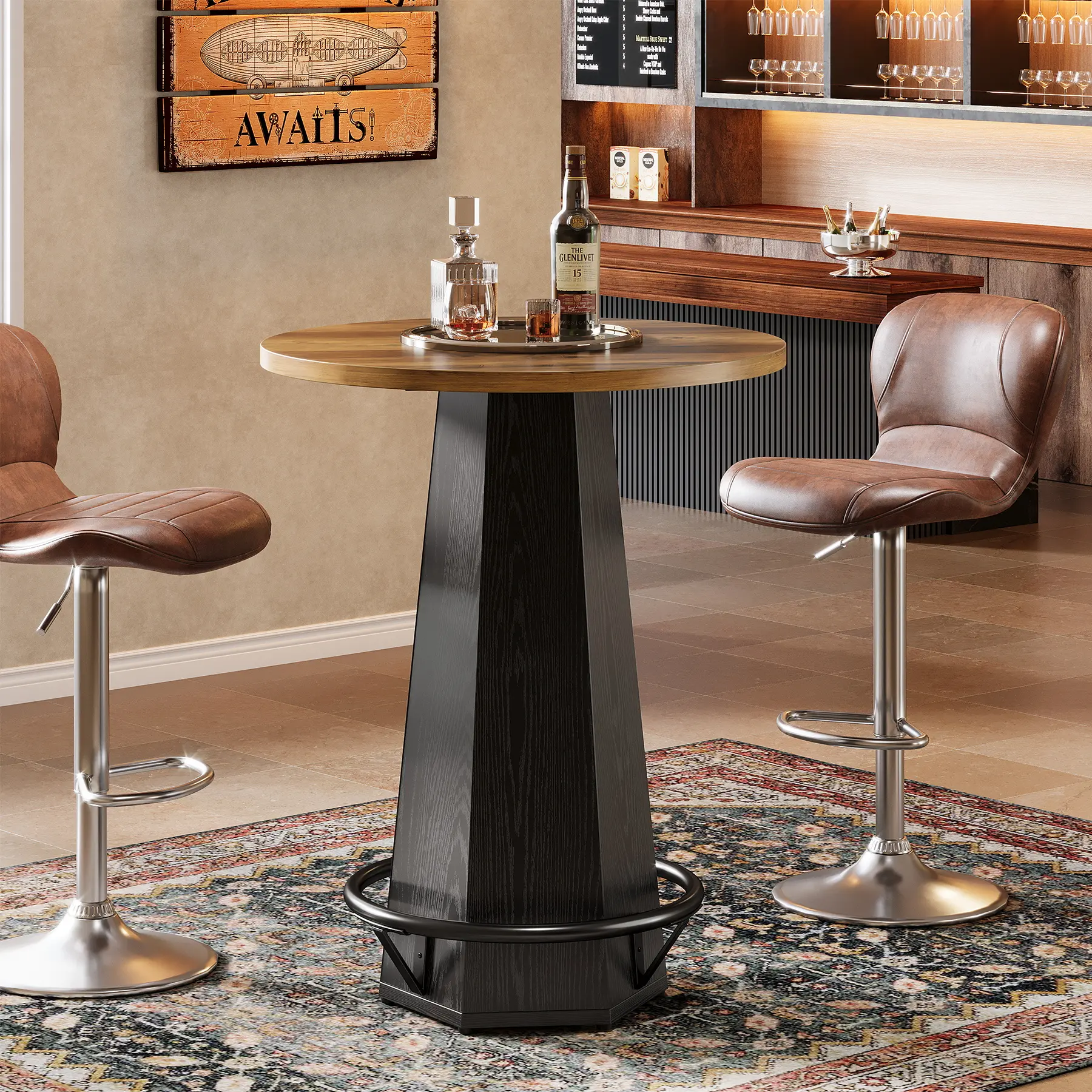 Tribesigns Round Bar Pub Table, 39.4" H Bistro Cocktail Table with Metal Footrest for Drinking & Gathering, Industrial Home Bar High Top Unit, Small Spaces, Brown & Black