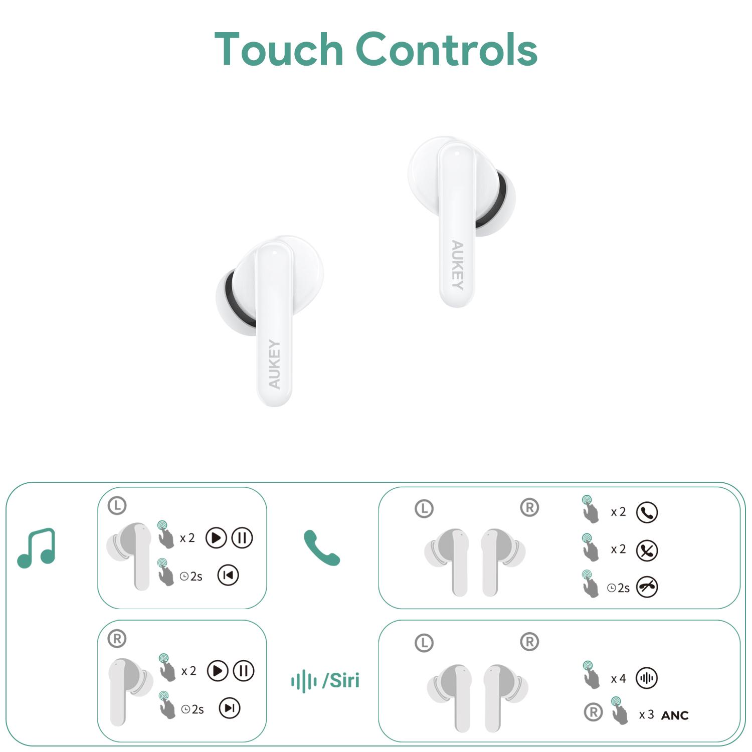 AUKEY EP-B2 True Wireless Noise Cancelling Earbuds Bluetooth 5.4 with 4-Mic AI ENC Call Noise Reduction Dual Feedback Hybrid Active for iPhone & Android