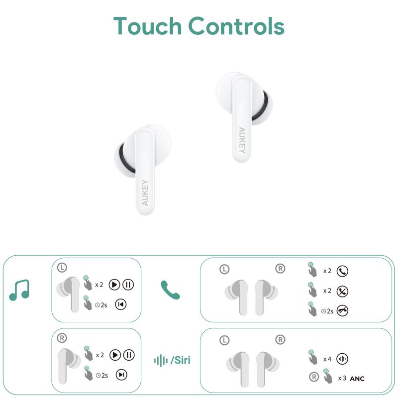 AUKEY EP-B2 True Wireless Noise Cancelling Earbuds Bluetooth 5.4 with 4-Mic AI ENC Call Noise Reduction Dual Feedback Hybrid Active for iPhone & Android