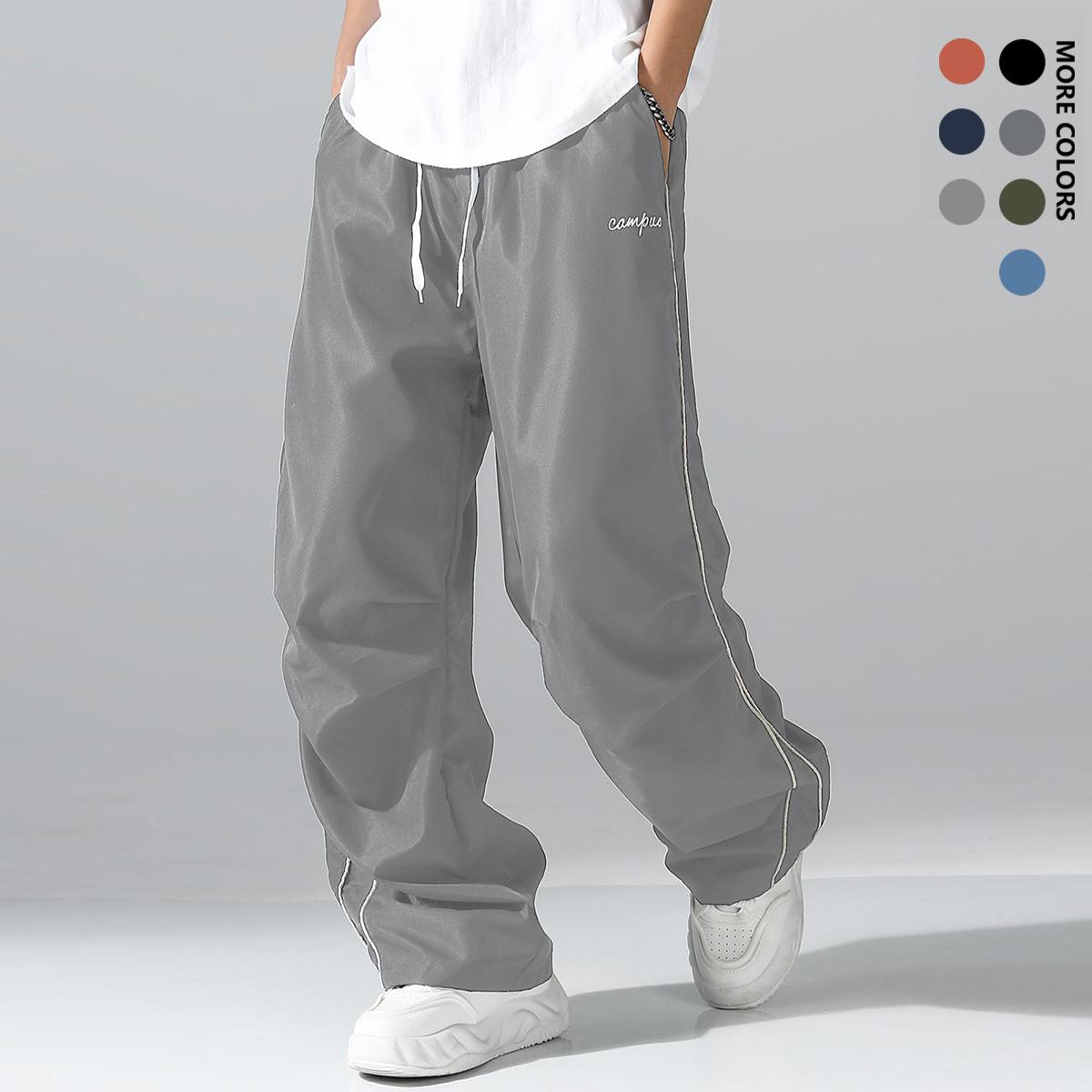 Men's straight-leg wide-leg casual pants - Black and grey striped design, loose waist with drawstring, machine washable nylon fabric, all-season comfortable casual wear