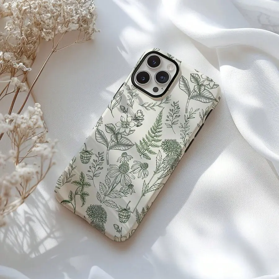 Wildflower Sage Green Drawing Phone Case - Heavy Duty Protection, Tough Dual-Layer, Scratch-Resistant Accessory Cover for iPhone 17,16,15,14,13,12,11,8,7 Pro Max