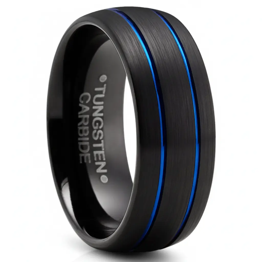 Men's Contemporary 8MM Tungsten Dome Shape Grooved Brushed Comfort-Fit Wedding Band Engagement Ring - Black, Blue