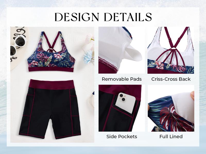 Tempt Me Women Three Piece Tankini Swimsuits - Athletic Bathing Suits Swim Tank Top with Boy Shorts and Bra Modest Swimwear