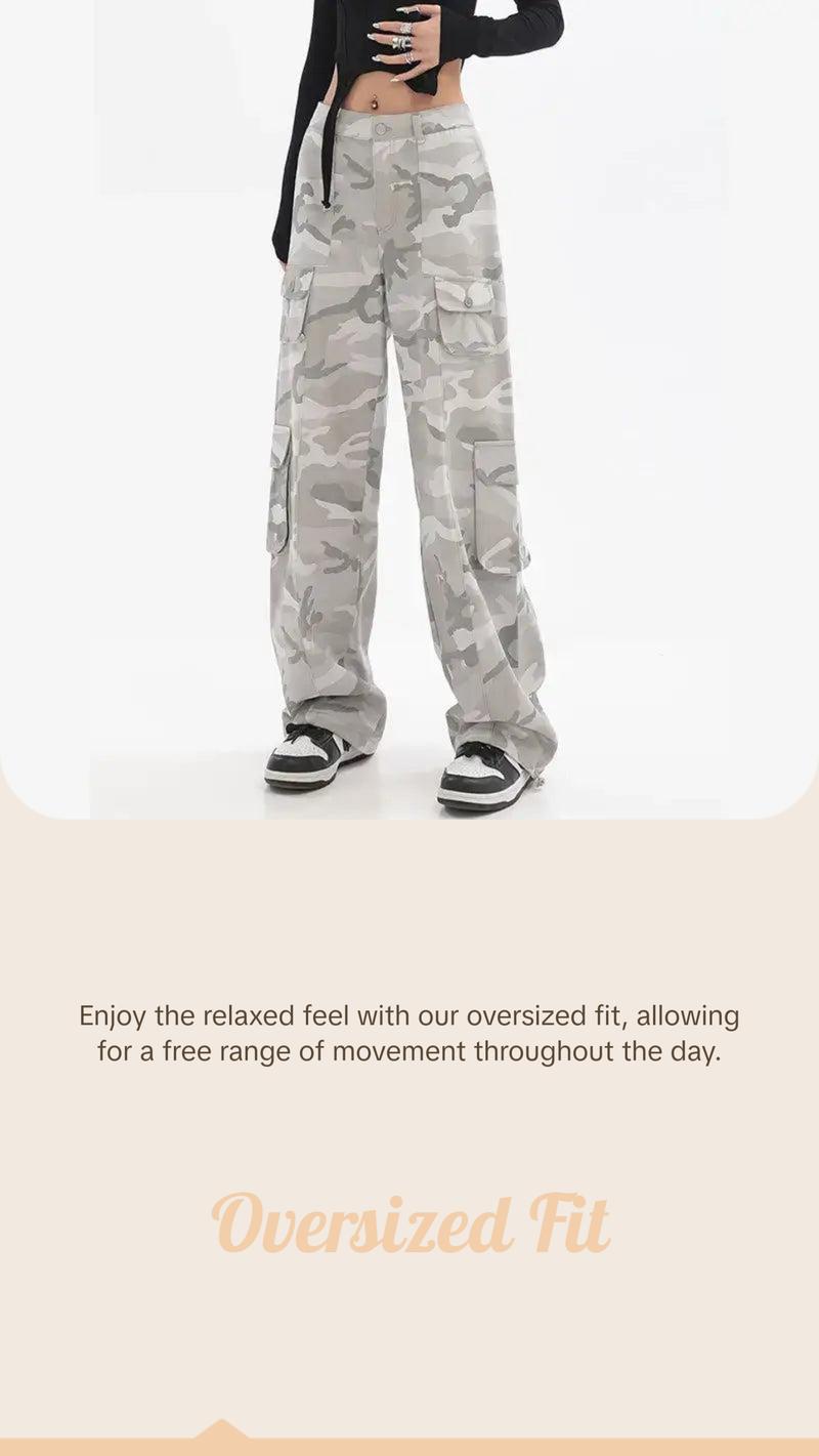 Female Hip Hop Grey Camouflage Cargo Pants American Style Y2K Oversized Loose Straight Wide Leg Pants Vintage Casual Sweatpants