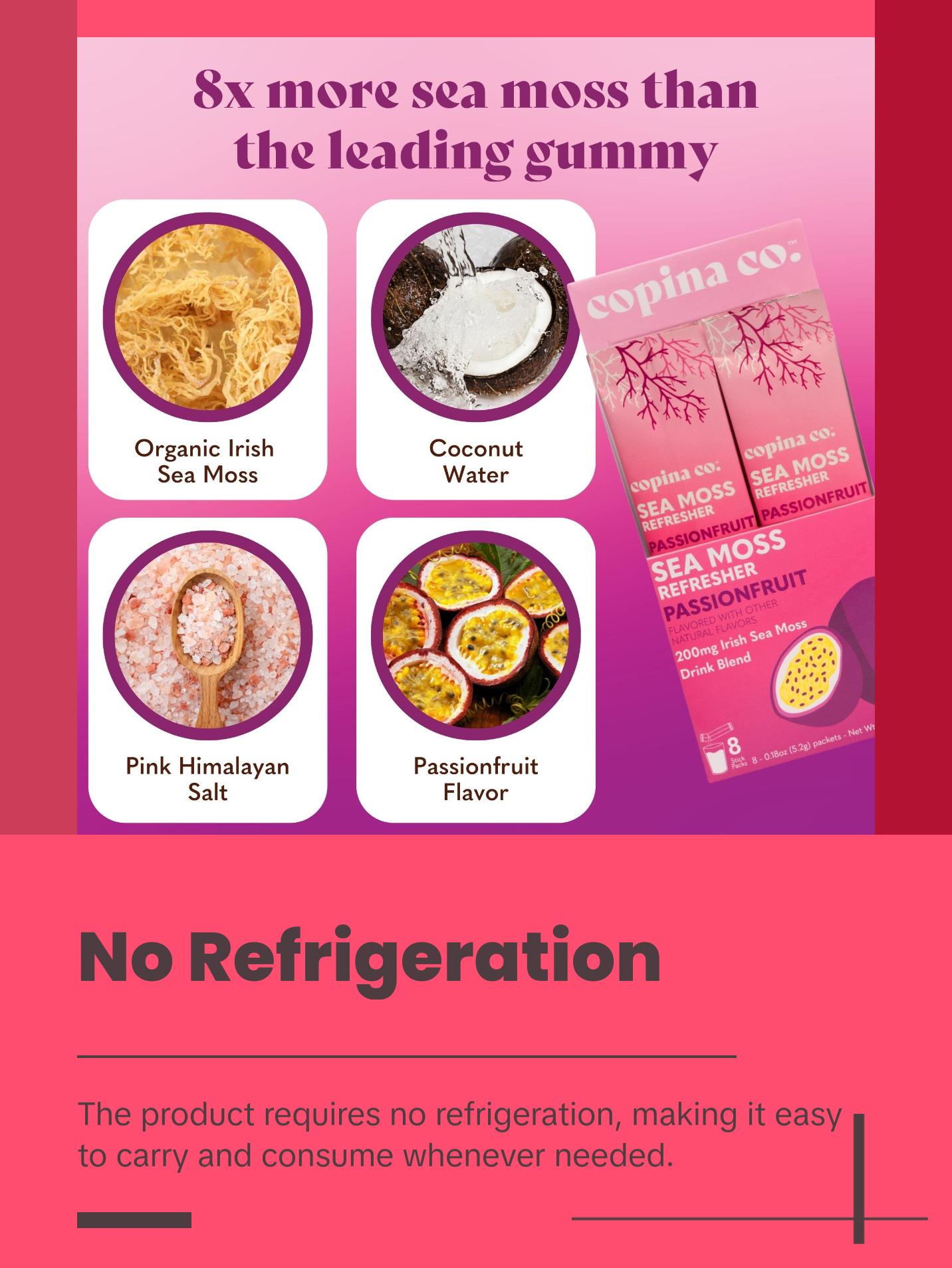 Copina Co. Passionfruit Sea Moss Drink - 8 Stick Packs 5g Each - Organic Irish Sea Moss Powder - Vegan Superfood Drink for Gut Health and Immunity - Hydration and Energy Boost with Organic Sea Moss