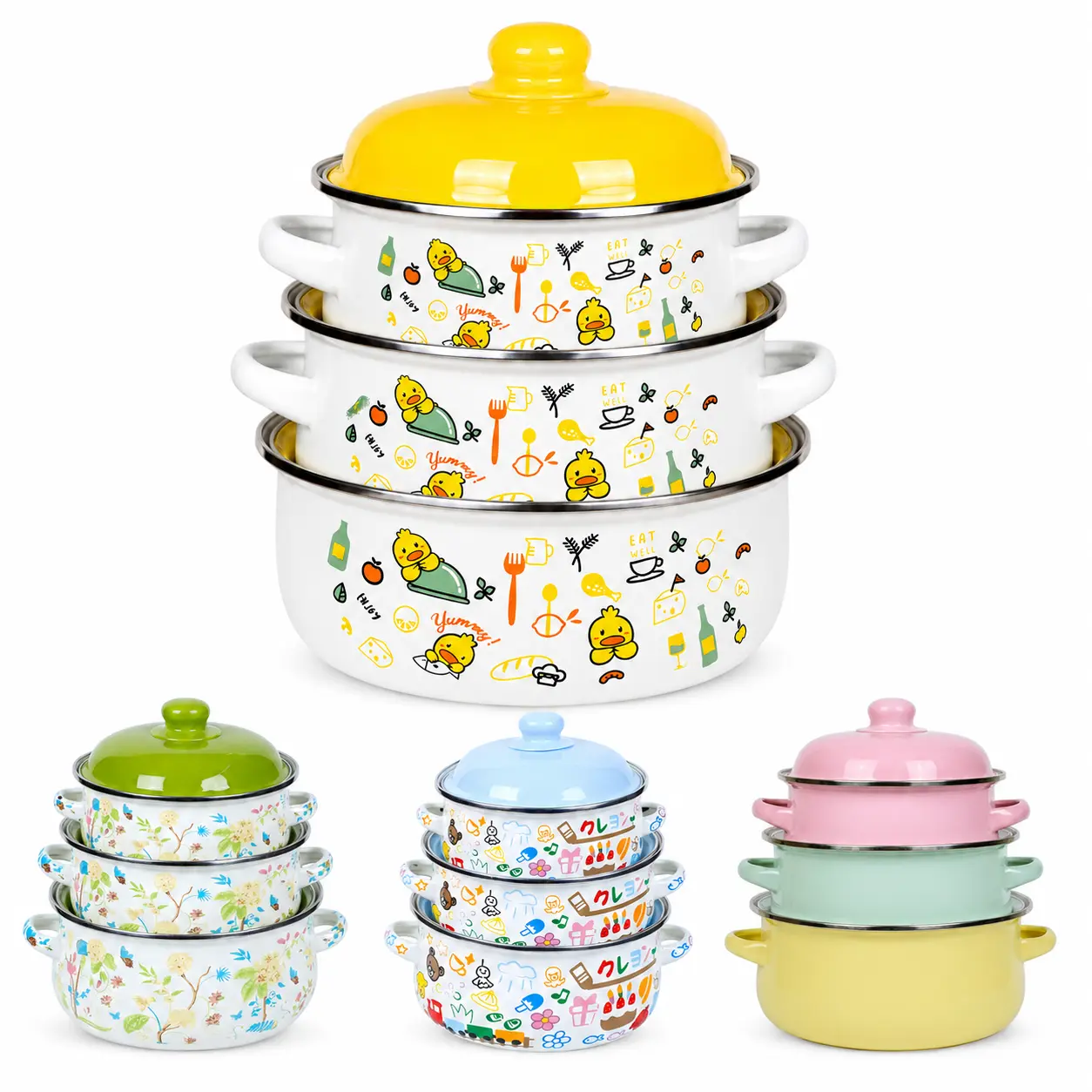 Cartoon Yellow Duck Print Vintage Kawaii 3-Piece Enamel Cookware Set with Lids - Nesting Small/Medium/Large Soup Stew Pots, Double-Handle, Induction & All Cooktops Compatible, Family Kitchen Decor