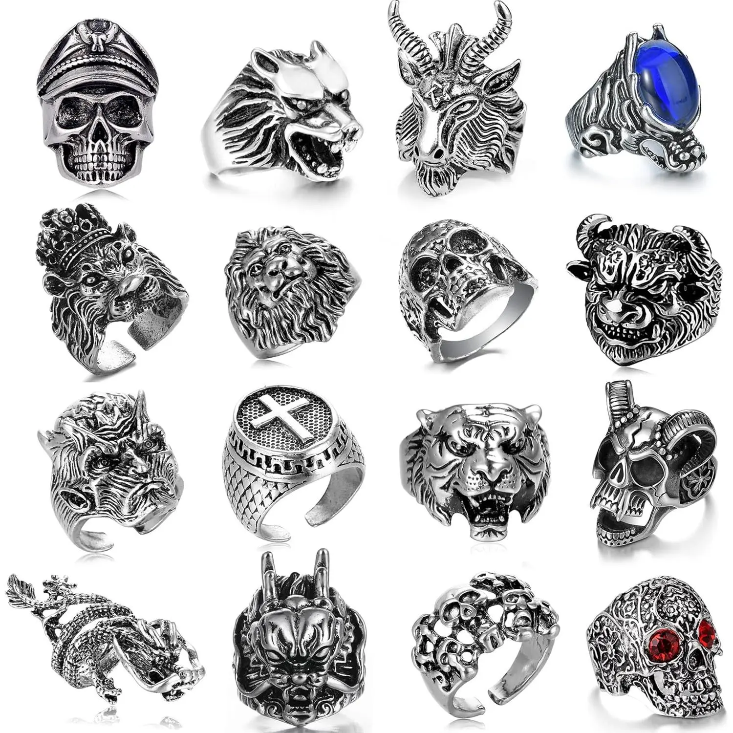 16-24 Pcs  Punk Rings Set Gothic Biker Adjustable Rings Skeleton Skull Ring  Snake Drgon Lion  Tiger  Ring