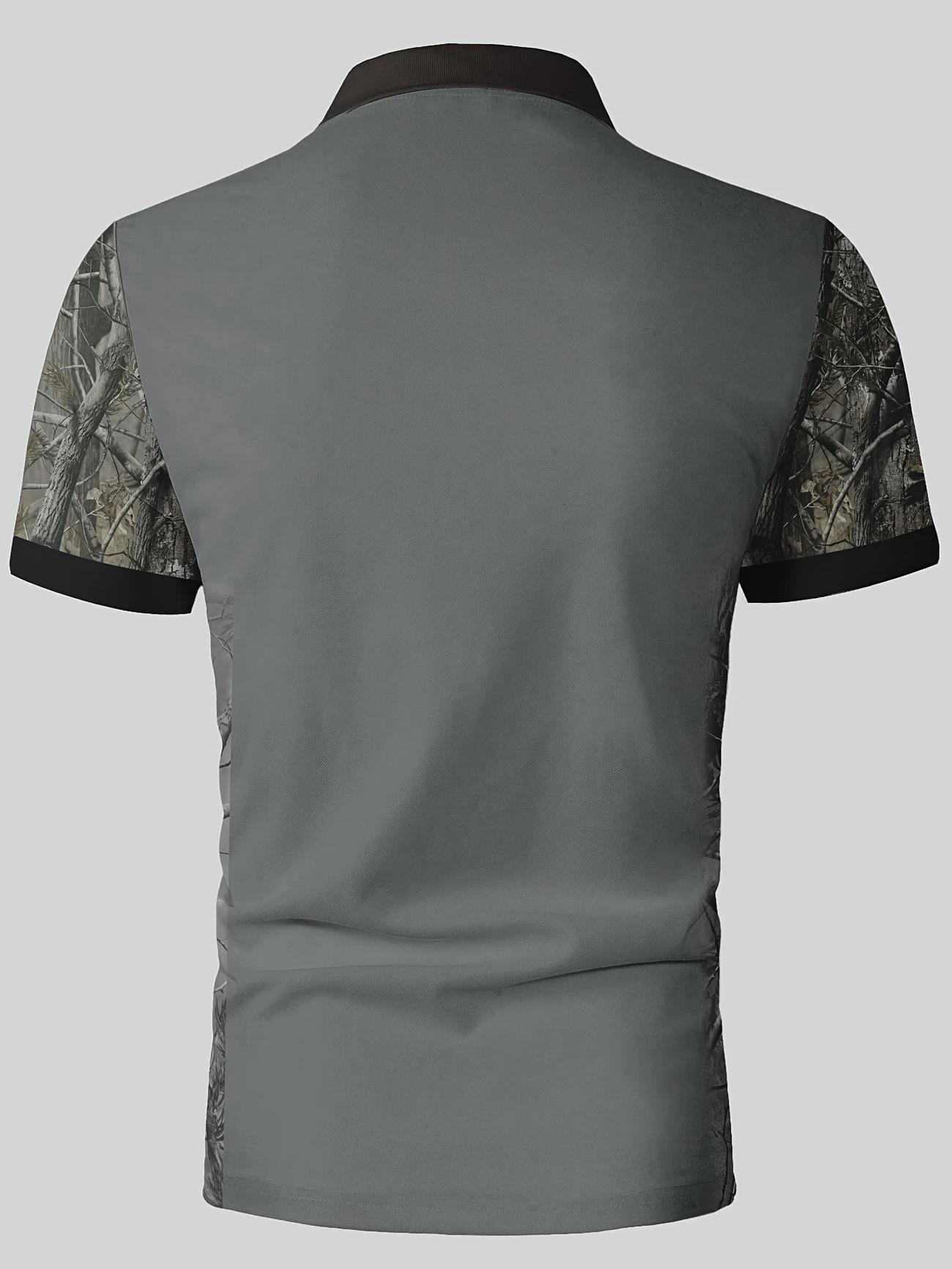 Men's Camouflage Quick Drying Shirt - Casual Outdoor Style, Deer Head Print, Short Sleeve, Button Neck, Summer Hunting and Hiking Clothing, Hiking Equipment Golf Polo Golf Apparel