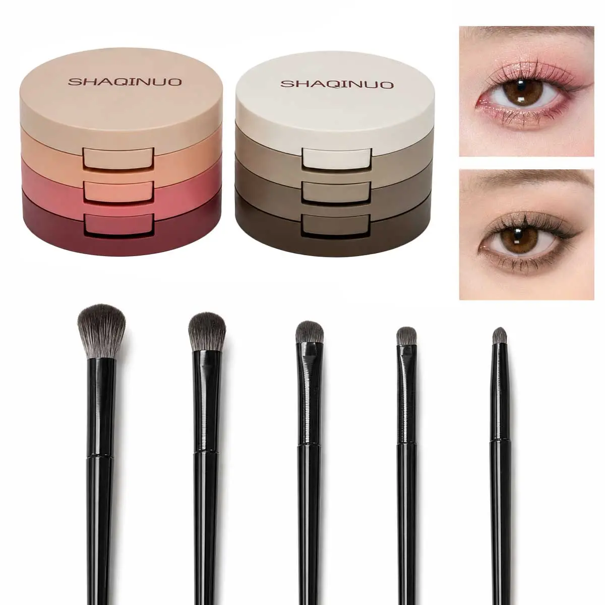 3-in-1 Eyeshadow Stack Palette with 5PC Eye Brush Set Bundle, Sparkly Shimmer Glitter Eyeshadow Bento, Portable Travel Makeup Kit