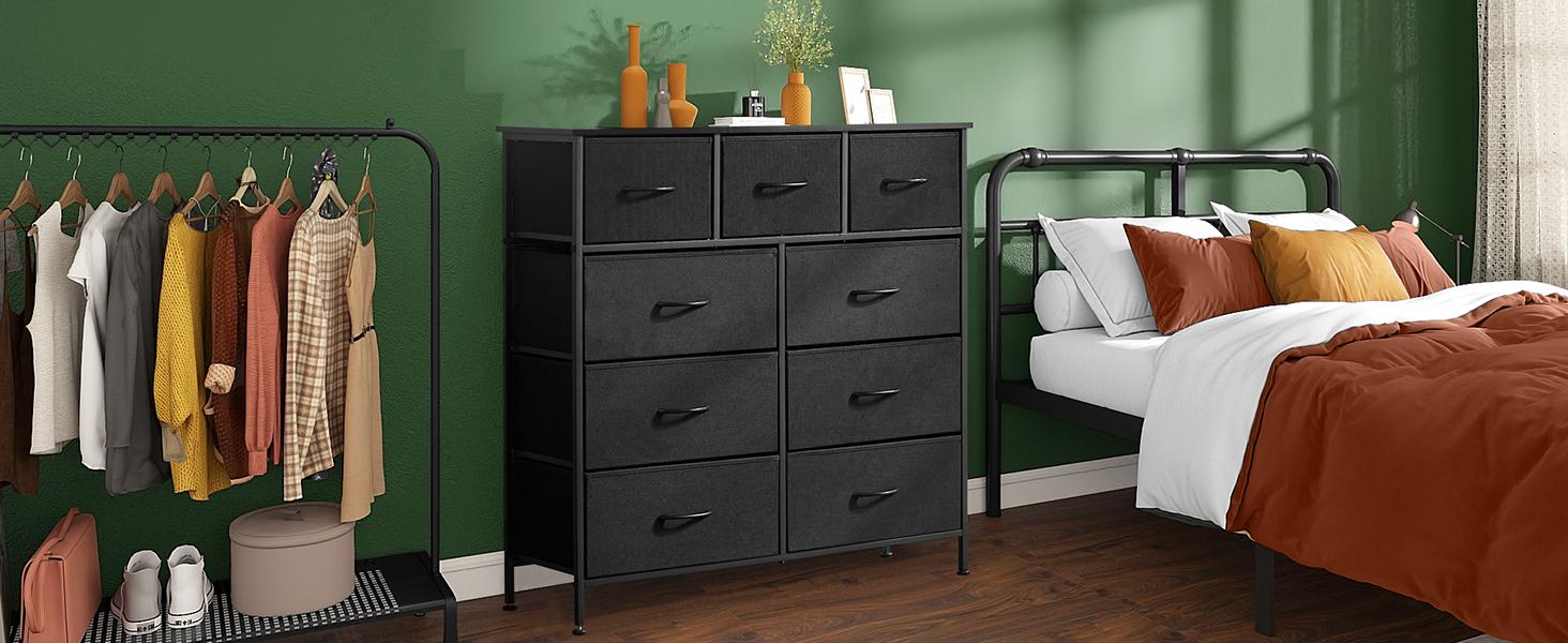Dresser for Bedroom with 9 Drawers, Clothes Drawer Fabric Closet Organizer Cabinet, Large Chest Storage Tower with Metal Frame and Wood Tabletop