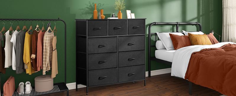 Dresser for Bedroom with 9 Drawers, Clothes Drawer Fabric Closet Organizer Cabinet, Large Chest Storage Tower with Metal Frame and Wood Tabletop