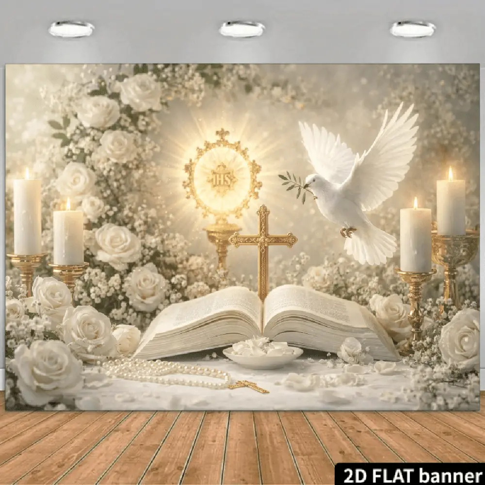 2D Flat Religious Polyester Backdrop & Banner - Themed with Opened Bible, Golden Holy Communion Light, Flying Dove, Lit Candle, Golden-Rose Bouquet, Scattered Petals, White Lace Tablecloth for Birthday, Festive Decor