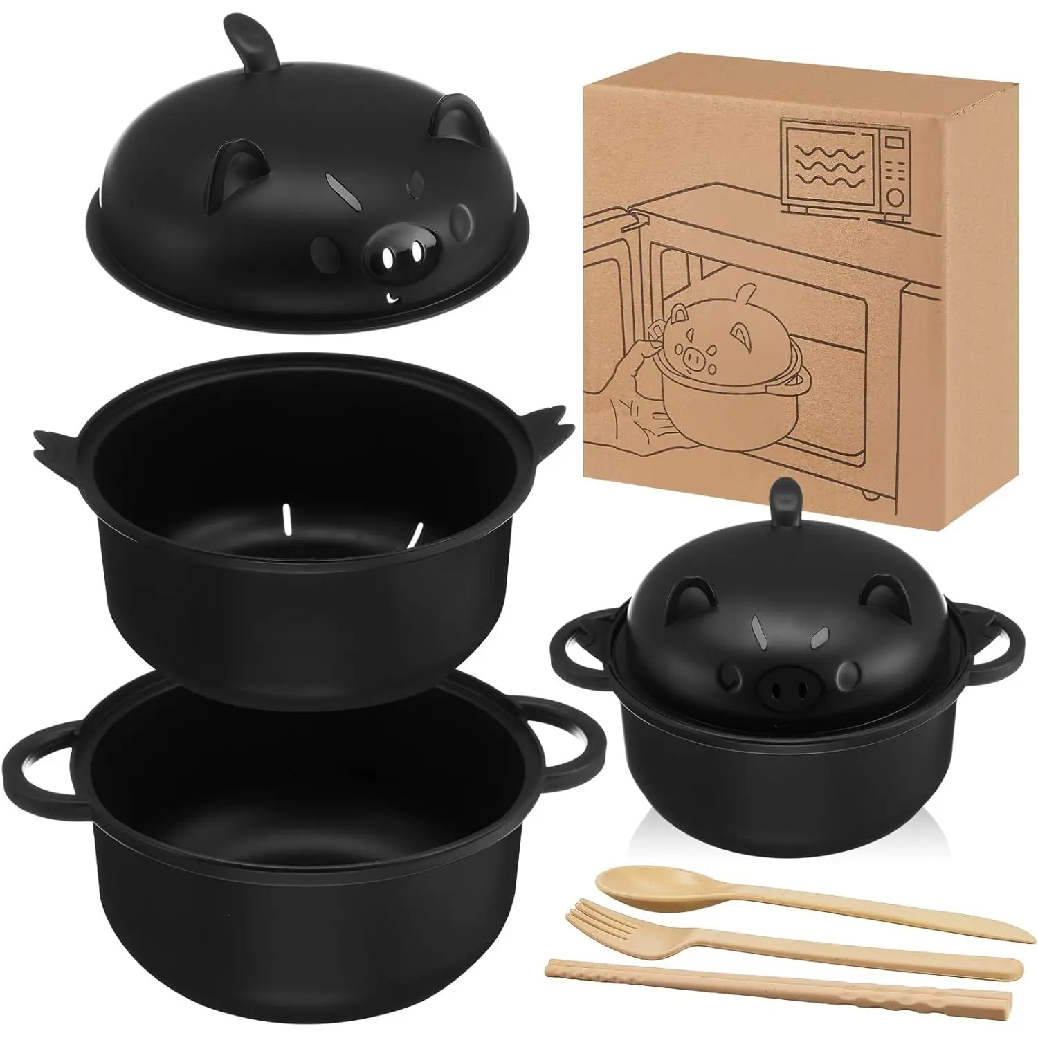 ONESHOW HOME 43oz (1300ml) Microwavable Pig Ramen Noodle Bowl Cooker - Kitchenware Value Pack with Strainer Lid, Handle, Spoon, Fork, Chopsticks for Home, College Dorm Back to School Use, Tableware Utensils Set, Home/Office