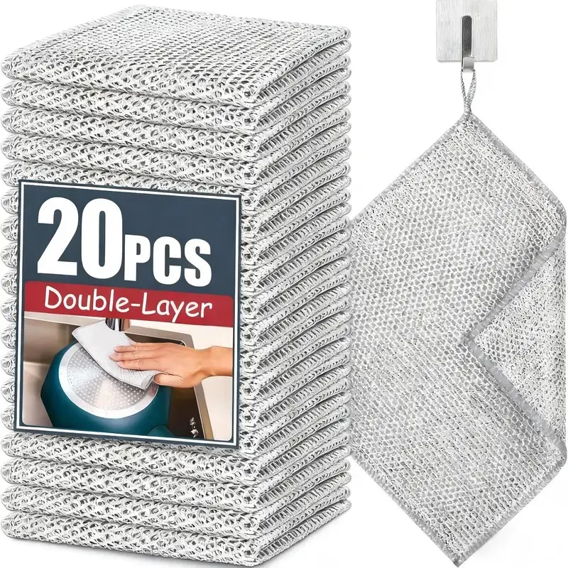 20 Counts Steel Wire Dishcloth, Double  Layer Steel Wire Cleaning Cloth,Powerful Cleaning Non-Scratch Wire Dishcloth Rag  Cookware, Sinks, Dishes, Stove Tops Multi-Purpose reusable cleaning towel shower cleaner grout for glass watery rinse Scrubber mesh s
