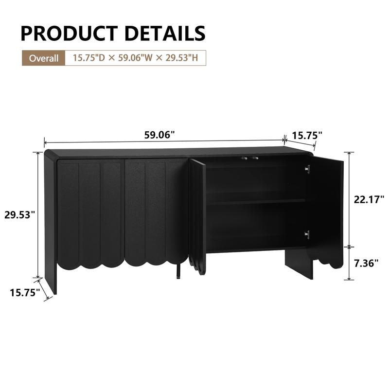 Giratree Sideboard Buffet Cabinet, Accent Storage Cabinet with 4 Doors, Farmhouse Wood Cabinet with Adjustable Shelves and Wave Panel for Living Room, Dining Room, Entry