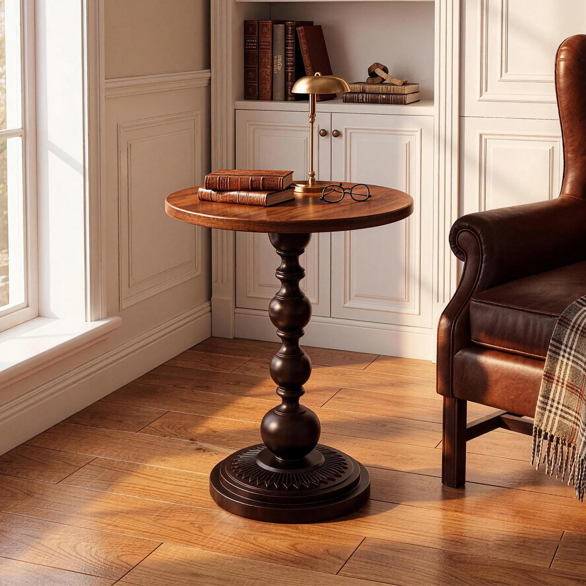 Matte Black Vintage Metal Small End Table - Engineered Wood Pedestal Accent Piece, Living Room Tables, Black Compact Nightstand for Bedroom, Vintage Home Decor