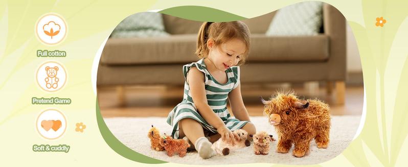 OUOZZZ Highland Cow Plush Toy, 15''Cattle Stuffed Animals with 4 Babies Inside, Toddlers & Kids Gifts, Home Decoration