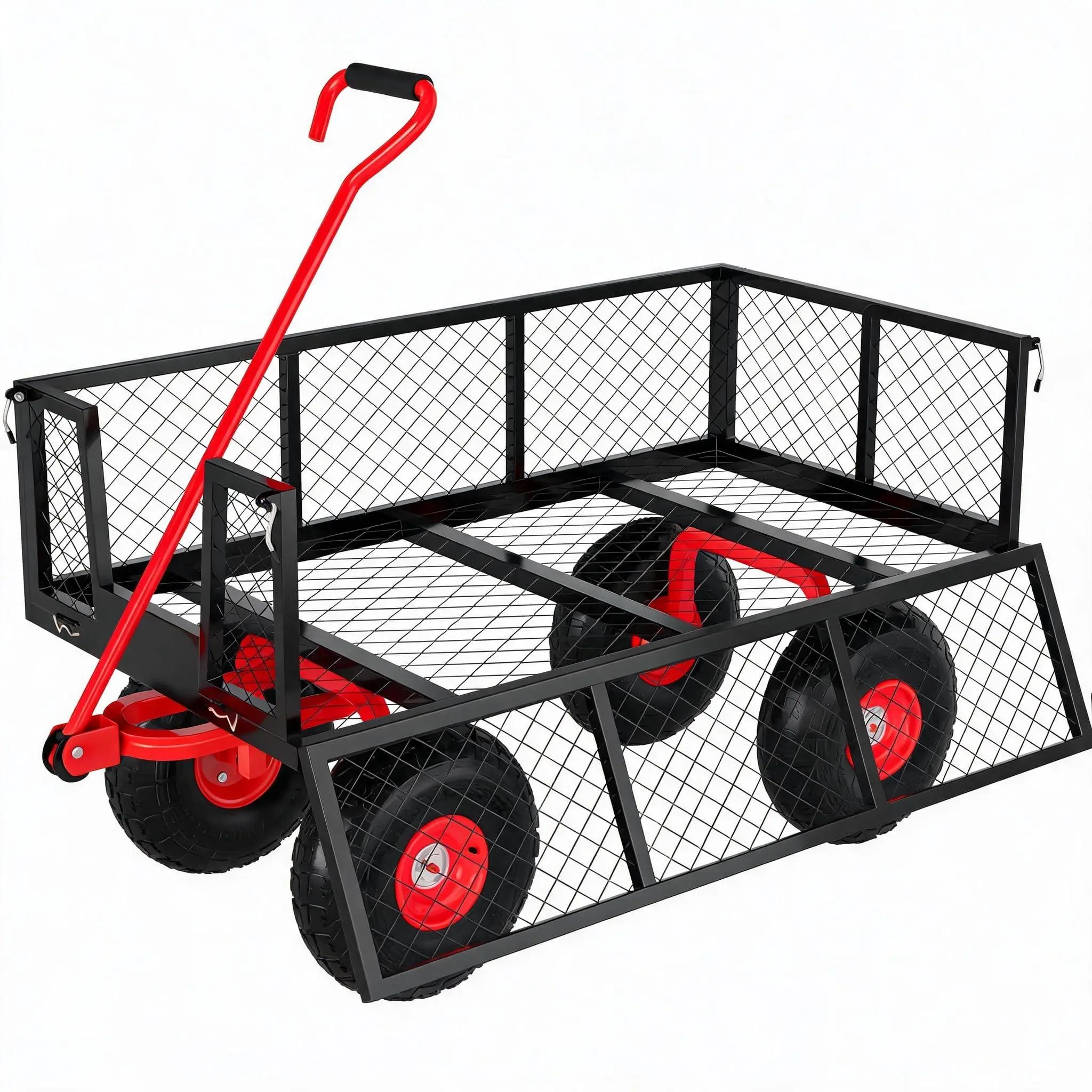Gaomon Heavy-Duty Q235 Steel Garden Cart Wagon (Red&Black) - 900 Lbs Capacity, Lock Handle, 240° Swivel, 10" Pneumatic Wheels, Noise-Reducing, Removable Mesh Panels, Removable Sides
