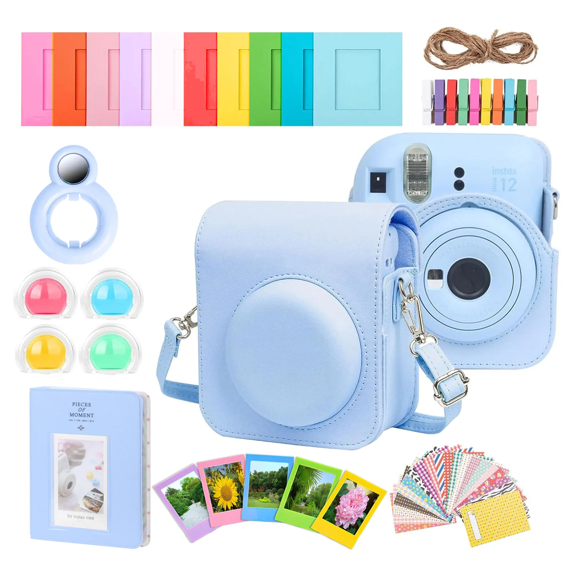 Complete Accessory Kit for Fujifilm Instax Mini 8/9/11/12 – Camera Case, Photo Album, Frames, Stickers & Lens Filters (Blue)