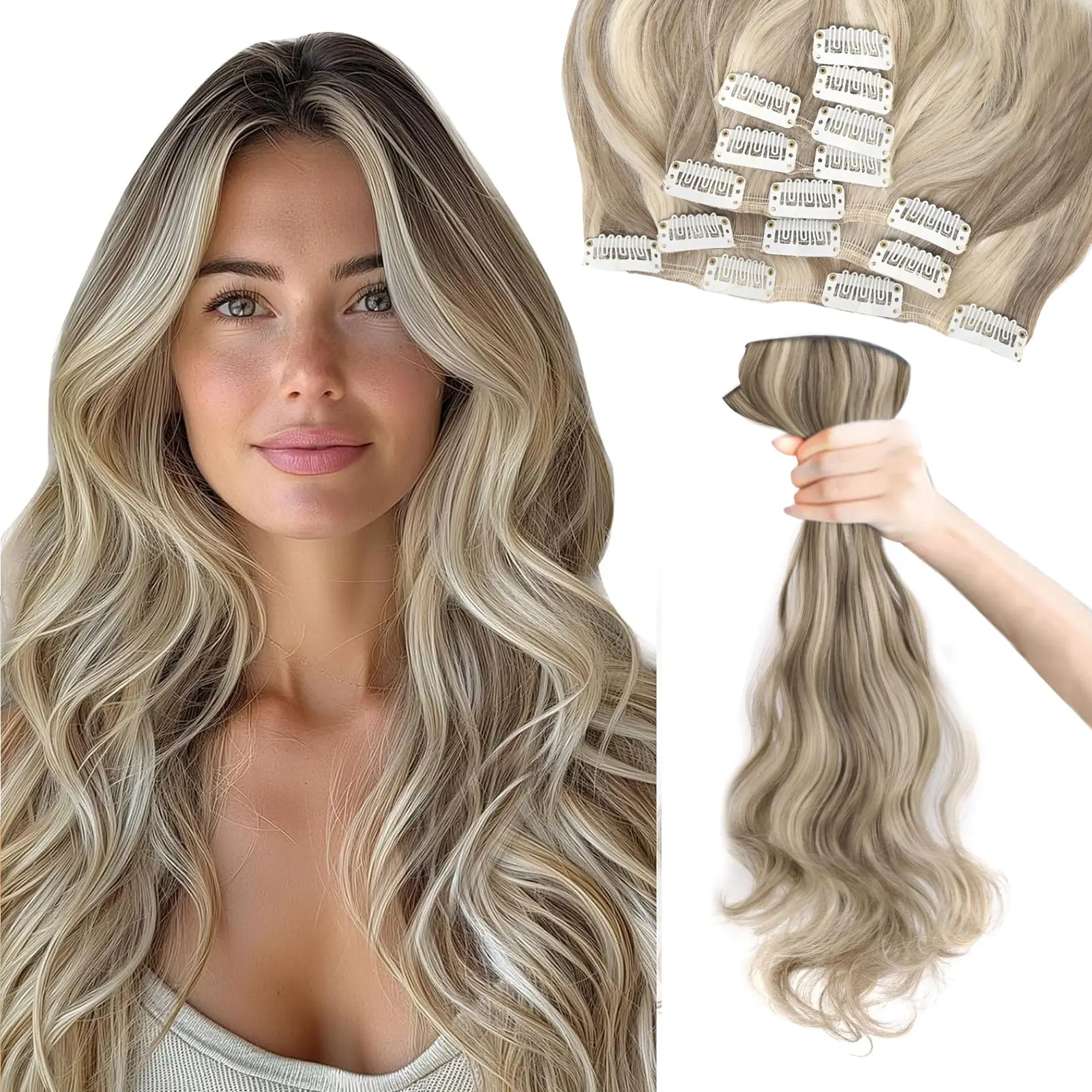 Vlasy Wavy Clip in Hair Extensions for Women, 7/8-Piece Synthetic Extensions & Pieces for Added Volume & Length for Daily & Party Use