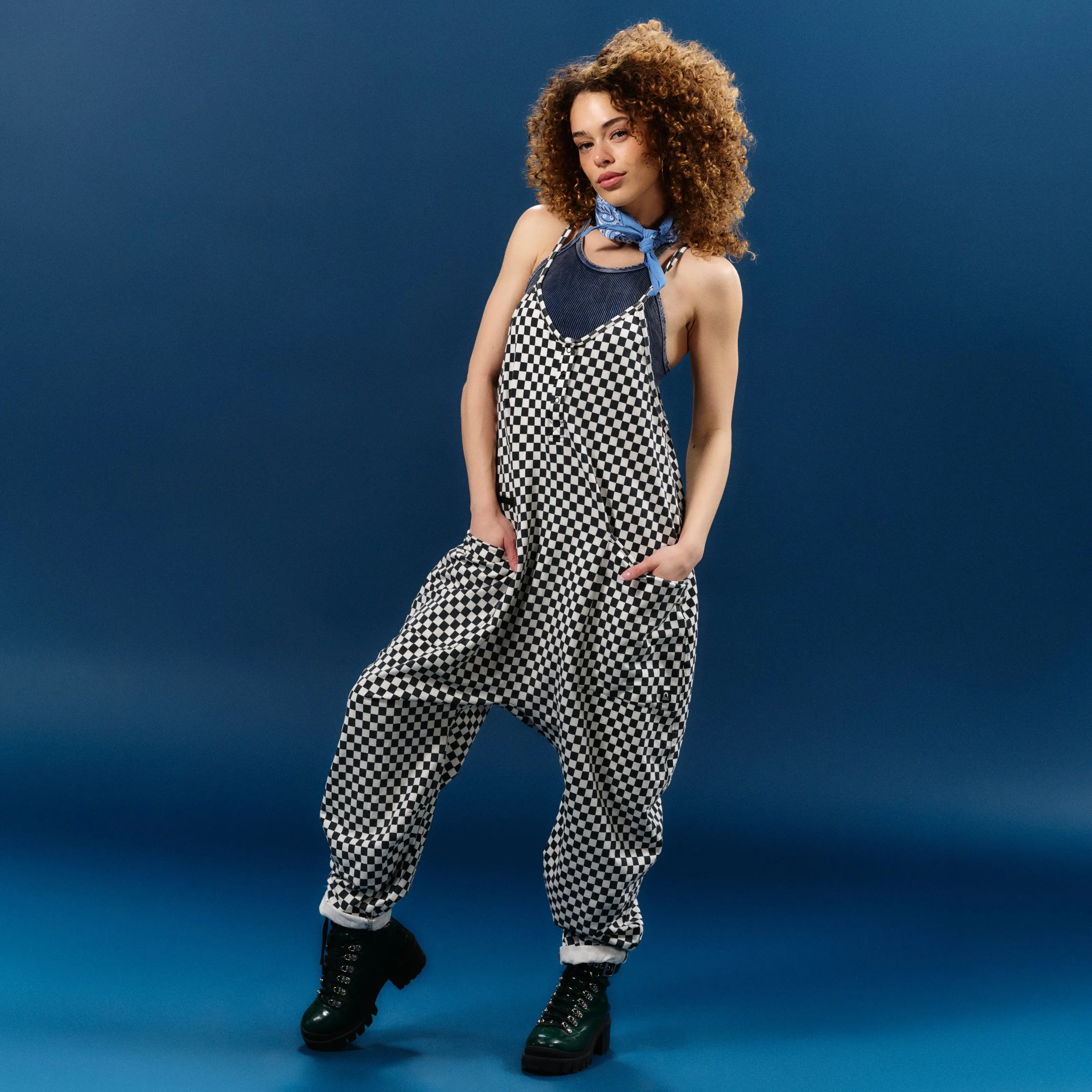 Women's Tank Romper - Black & White Mini Check