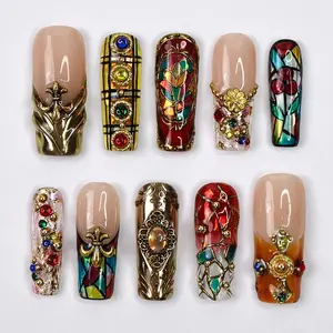 Aura Nails - Press-On Nails Vitreaux with Stained Glass  Baroque 3D Fake Nails in Long Square  Handmade Gothic Nail Art for Holiday, Vacation, Birthday