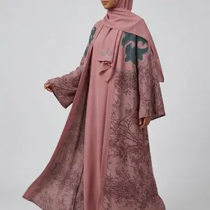 Dubai ELEGANT MODEST ABAYA in Soft Pink with Tree Print and Elegant Design for Modern Wear
