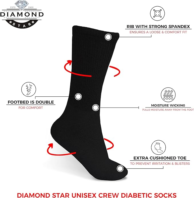 DIAMOND STAR 3-12 Pairs Diabetic Socks, Non-Binding Circulatory Cushion Cotton Crew Diabetic Socks for Men Women Menswear
