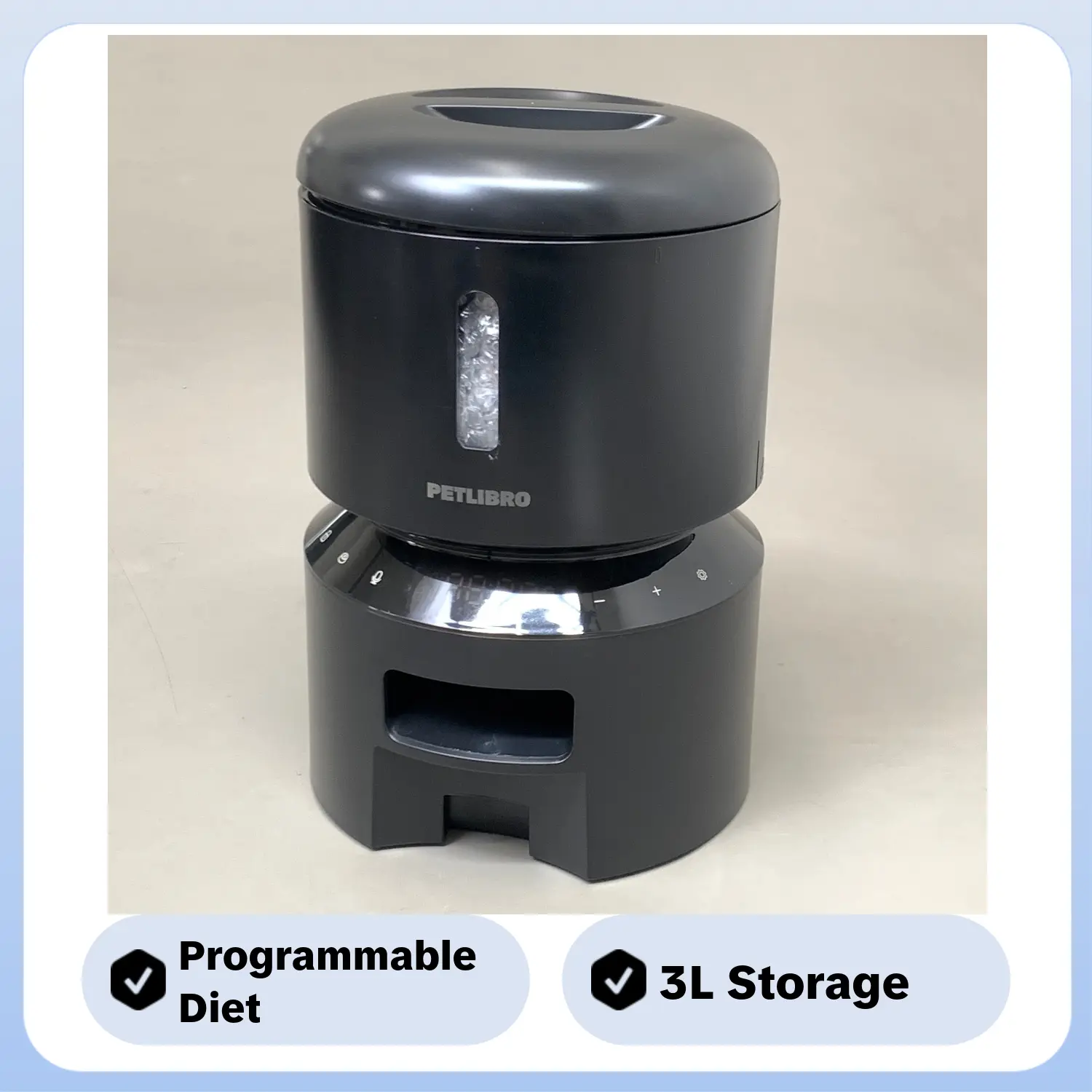 PETLIBRO Granary 3L Programmable Automatic Cat Feeder - Single Tray, Black, Front Facing, Consistent Feed, Customizable Meal Timing