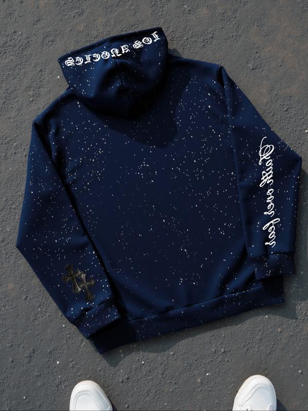 Men's Fleece Hoodie Sweatshirt, Gothic Cross Element, Star Dye Craft, Kangaroo Pocket, Casual Loose Fit Drawstring Pullover, Fall & Winter