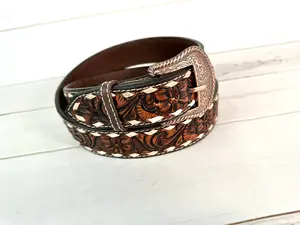 Dark Floral Tooled White Buckstitch Belt