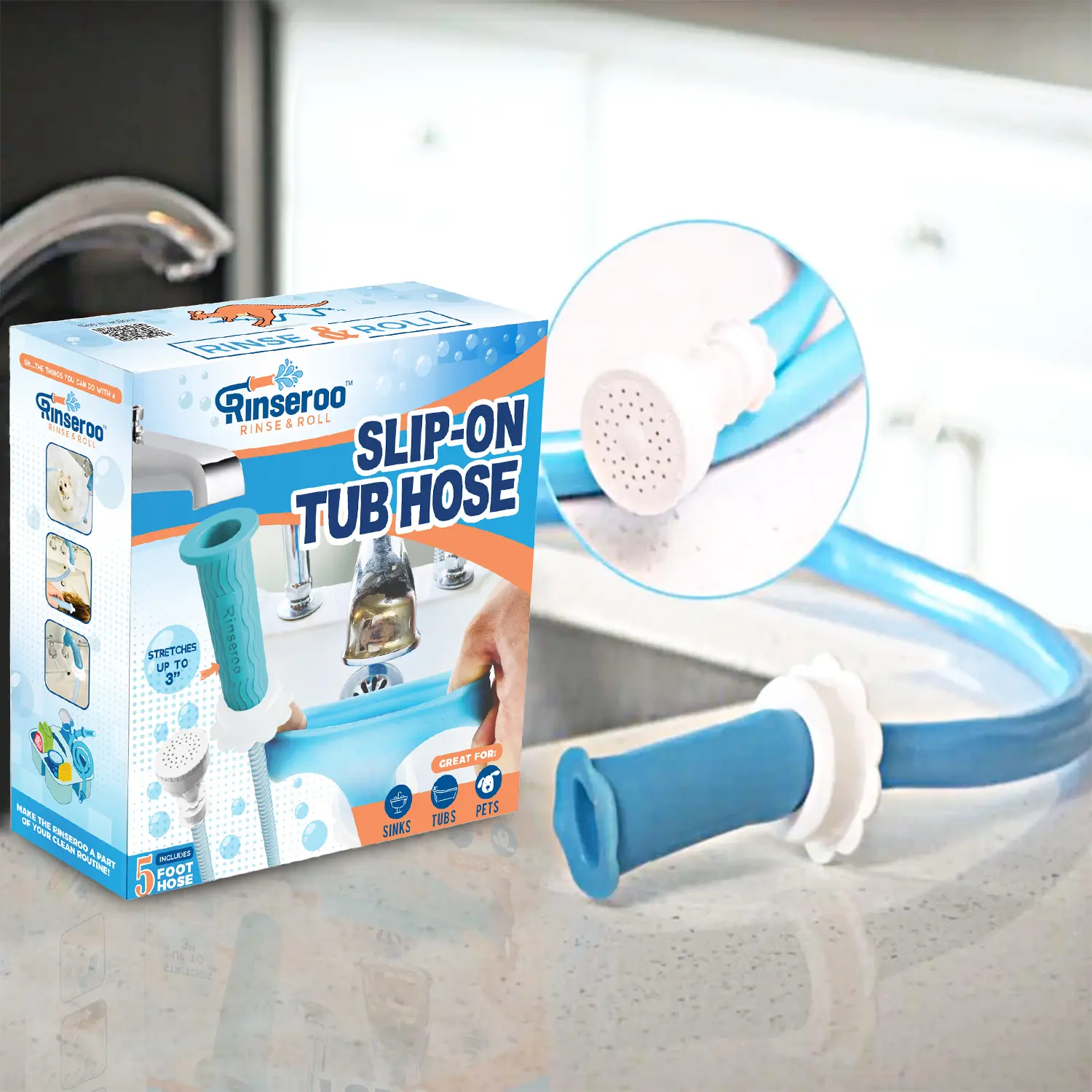 Rinseroo Slip-On Bathtub Faucet Sprayer Attachment, No-Install 5-ft Plastic Hose with Spray Head, .8lb Bathroom Bathing Equipment for Gravity-Enabled Convenience