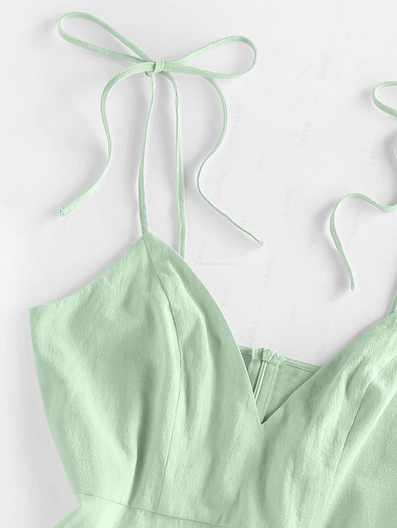 Rosegalette Flounce Slip Ruffles Off-Shoulder Mini Dress with Tie Shoulder Straps in Soft Mint Green sage green Color polka dot dress secschools dress