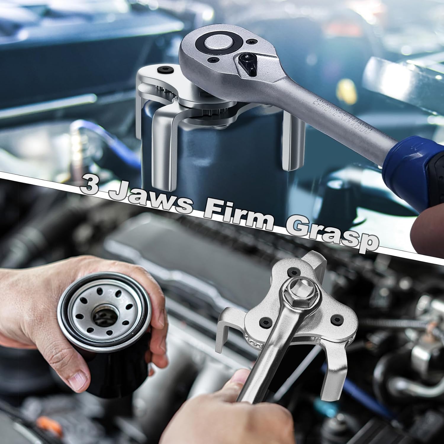 Universal Oil Filter Wrench Adjustable, 3 Jaw Oil Filter Removal Tool Set for Diameter from 2.2 Inch to 4.2 Inch, 2 Way Oil Filter Change Tool for Vehicle Engine Filters(Silver)