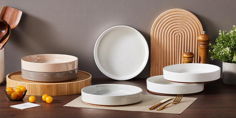 MALACASA Stoneware Pasta Bowls Set of 4, Sesame Glaze Stackable Soup Plate Set, Lead-Free Salad Plates Safe for Microwave and Dishwasher Winter Holiday