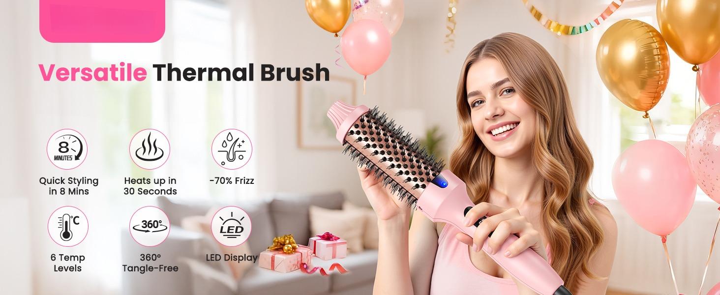 【2026】Thermal Brush for Blowout Look , 6 Heat Settings,Airflow Heat & Dual PTC Technology, Dual Voltage, 1.5 Inch Heated Round Brush with Negative Ions, Salon Smooth Hair, Less Frizz, Travel-Friendly, Pink