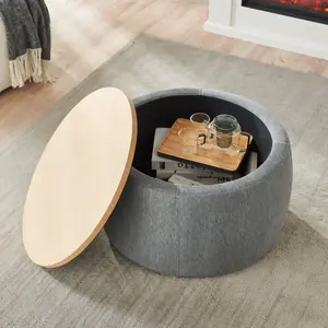Eyisean 25.5" Linen 2 in 1 Round Storage Ottoman with Removable Wooden Lid, Multi-Purpose  Handmade Circle Coffee Table, Space Saving Footstool Side Table for Living Room, Bedroom