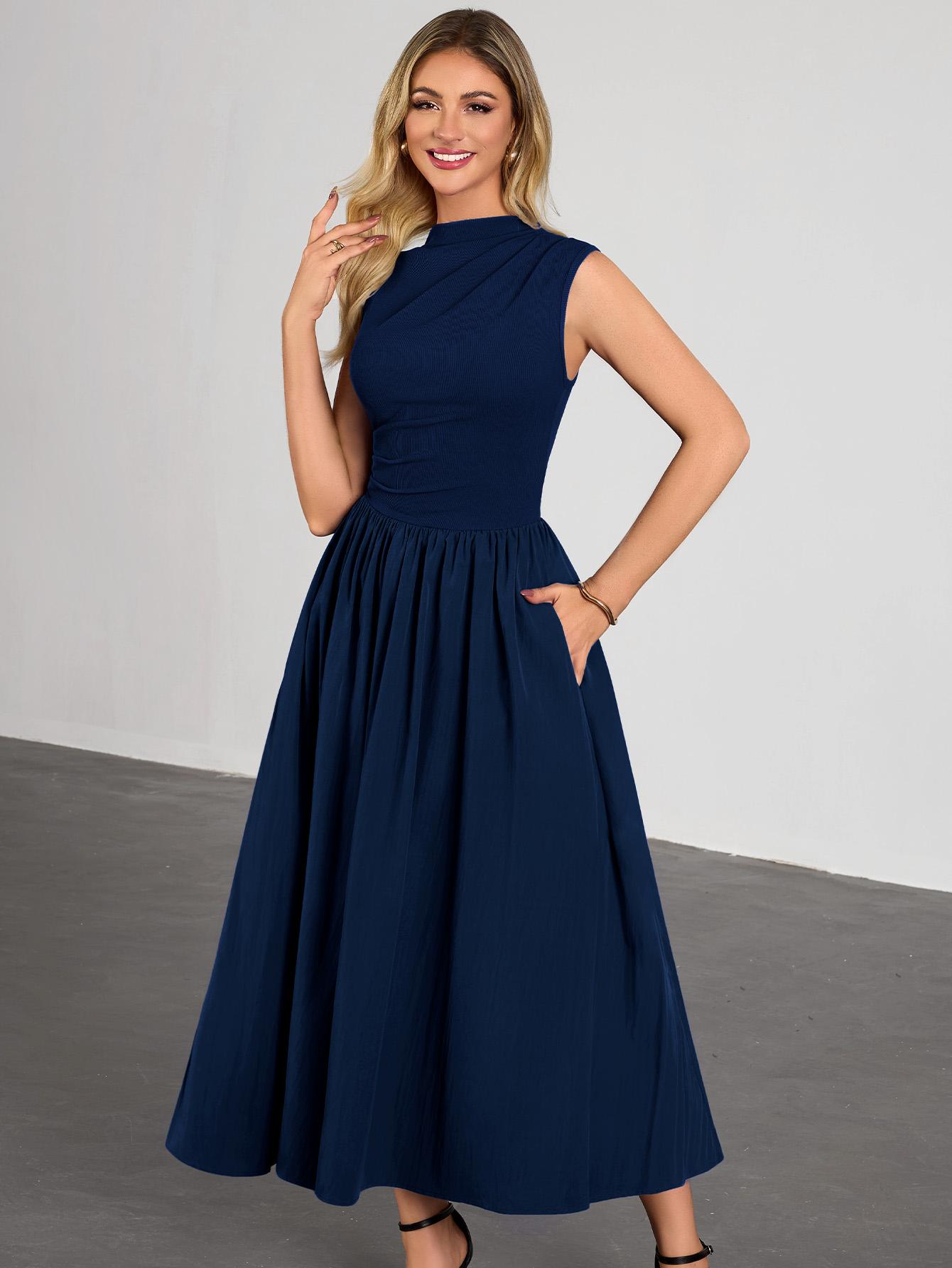 Miusol 85234B Women's Summer Maxi Dresses for Women 2026 Spring Sleeveless Half Collar Casual Ruched Swing A-Line Dress with Pocket Sundress Flowy Beach Dress