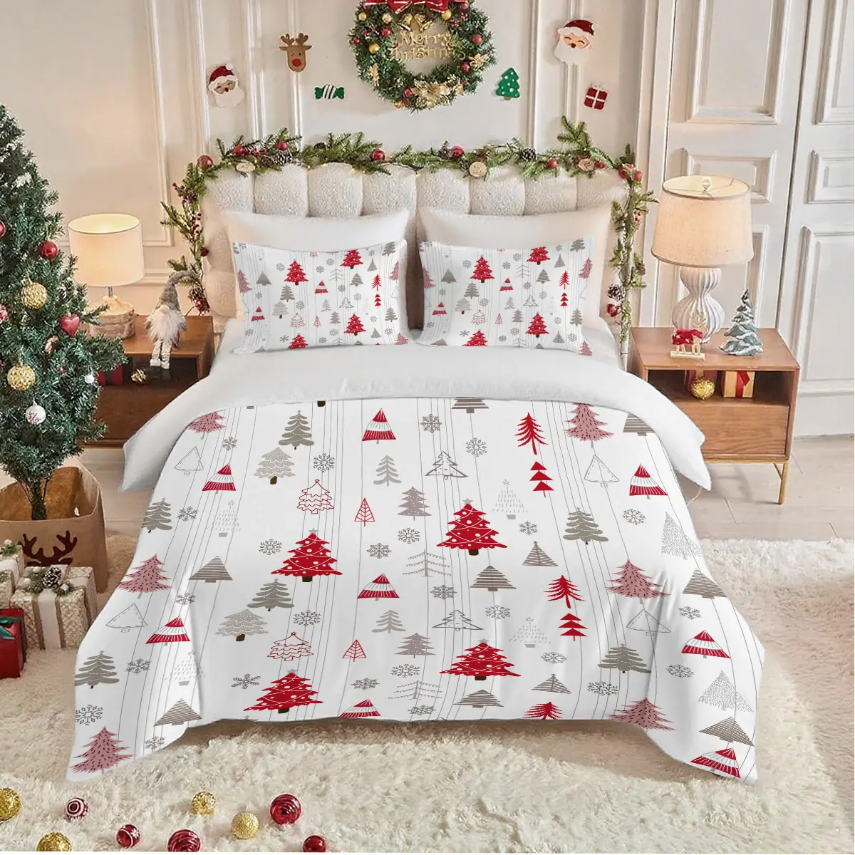 3Pcs Christmas Tree Pattern Duvet Cover Set, Including 1 Duvet Cover and 2 Pillowcases, No Filling, Bedroom Theme Printed Bedding Set, Suitable for Bedrooms, Hotels, School Dormitories, Perfect Gift for Christmas