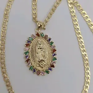 Virgin Mary multicolor stone's gold-plated Cuban link style 24"inches fashion design