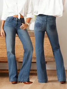 Women's Retro Micro-Flared Jeans Y2K Vintage Low Rise Stretch Bootcut Flare Bell Bottom Wide Leg Denim Pants for Casual Streetwear