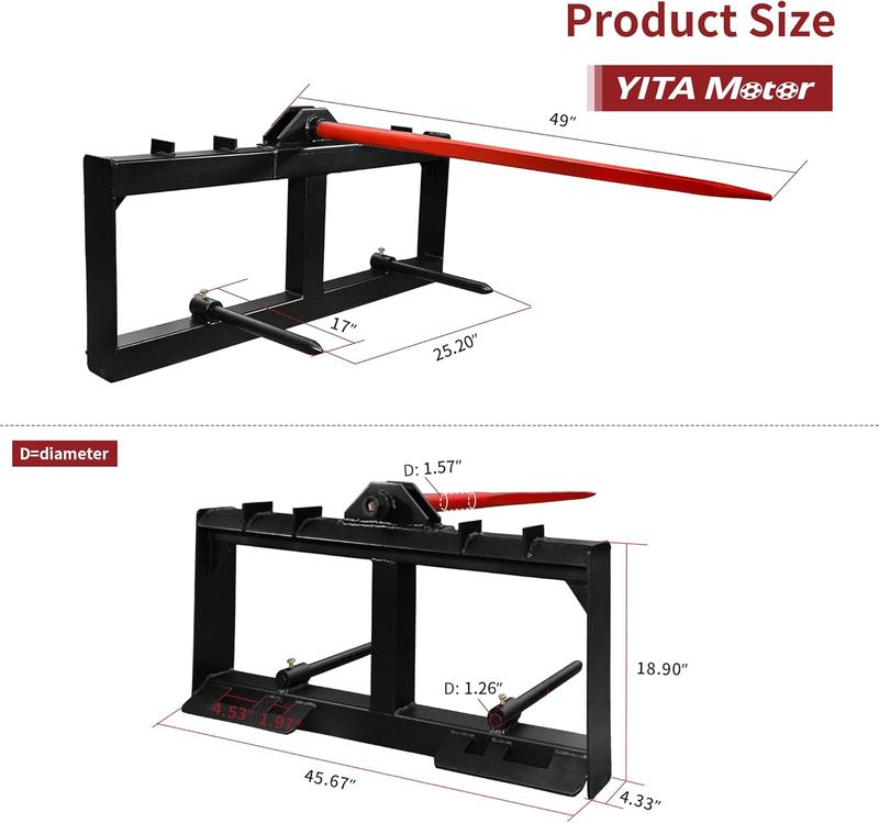 YITAMOTOR 49" Hay Spear Attachment, 3000lbs Capacity Quick Attach for Bobcat Tractors & Skid Steer Loader with 1pc 49" Red Hay Spear & 2pcs 17" Black Stabilizer Spears Spike Fork Tine