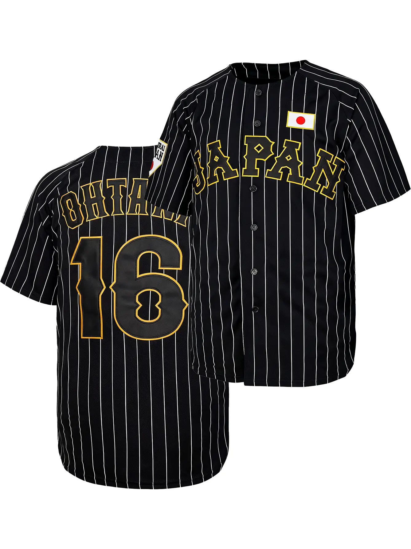 Men's Japan Samurai #16 Shohei Black Pinstripe Look Baseball Jersey - Full Embroidery Baseball Wear, Premium Stitched WBC Fan Apparel for Game Watching, Machine Washable, Short Sleeve