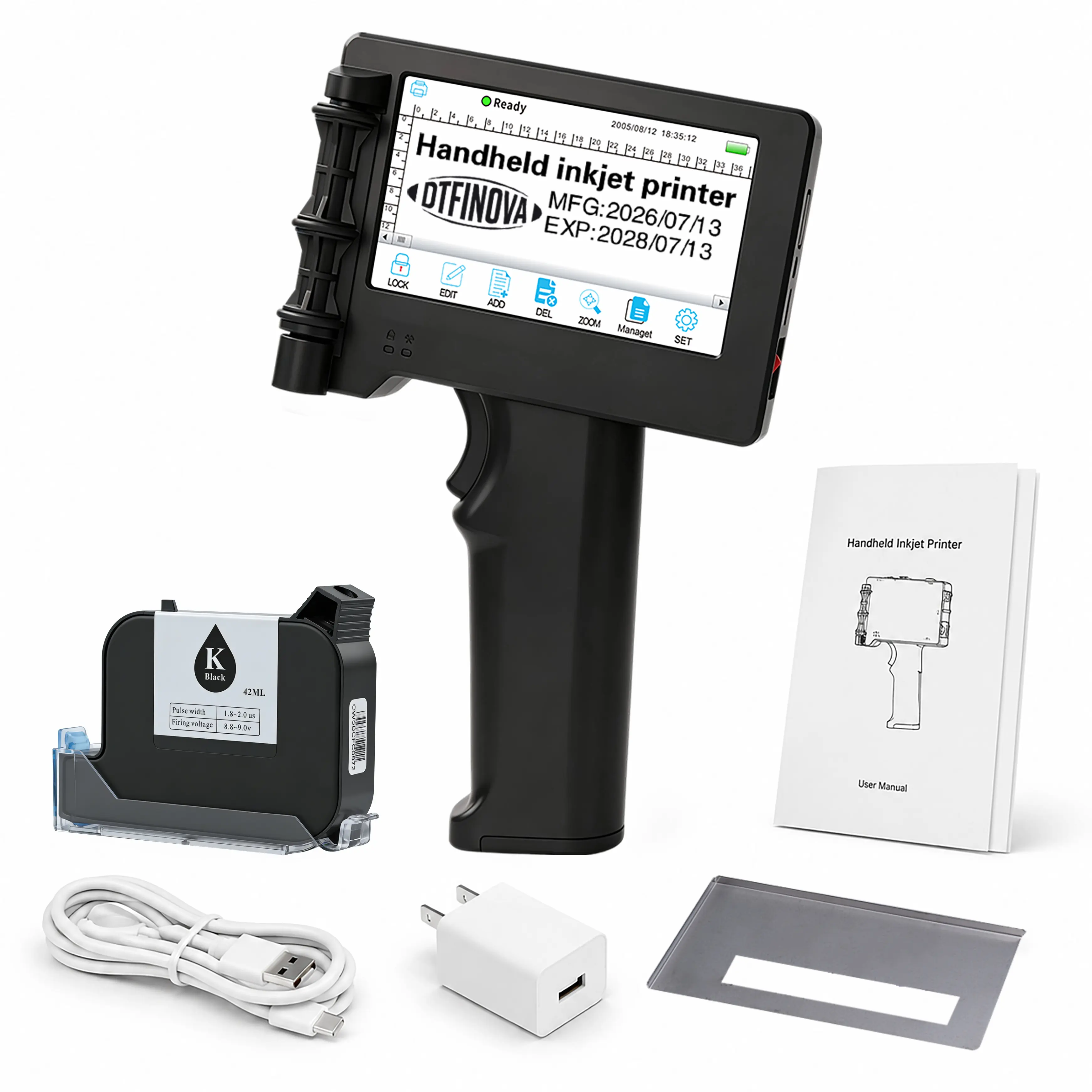 DTFINOVA Handheld Inkjet Printer with 4.3" Touchscreen - No App Needed, Barcode Print Capability, Date Code QR Printing Machine for Cardboard/Plastic, Portable Fast Dry Ink Coder for Metal Wood