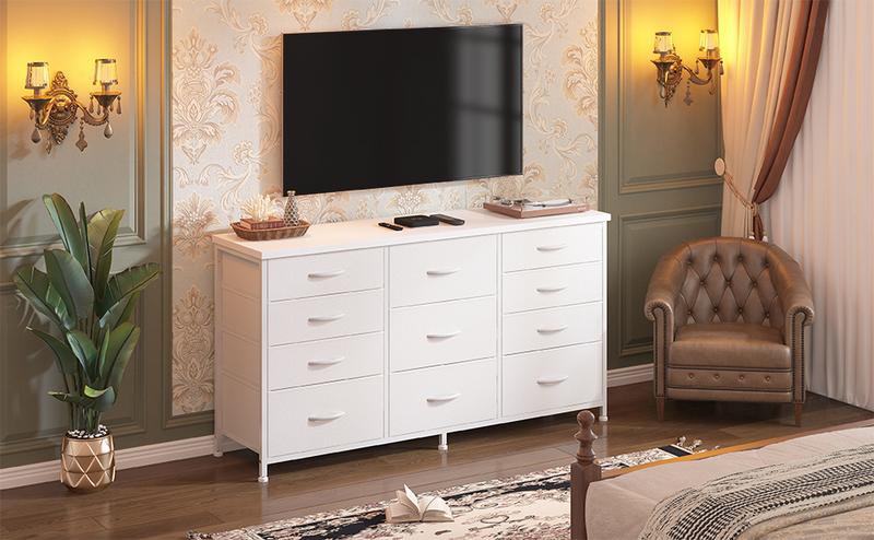 RaybeeFurniture Dresser for Bedroom with 11 Fabric Drawers, Dresser TV Stand for 50, 55 Inch TV, Storage Chest of Drawers, Closet, Entryway, Sturdy Metal Frame & Wood Top