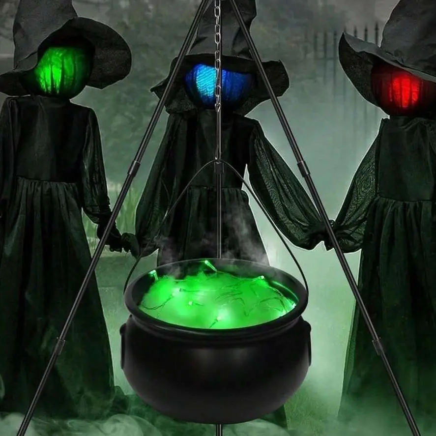 Halloween Witches Cauldron with Tripod Stand, Large Black Plastic Witch Pot Decor with LED String Lights, Fake Smoke Cotton, Hanging Chain, Total Height 51.18in Outdoor Indoor Halloween Party Yard Porch Decorations