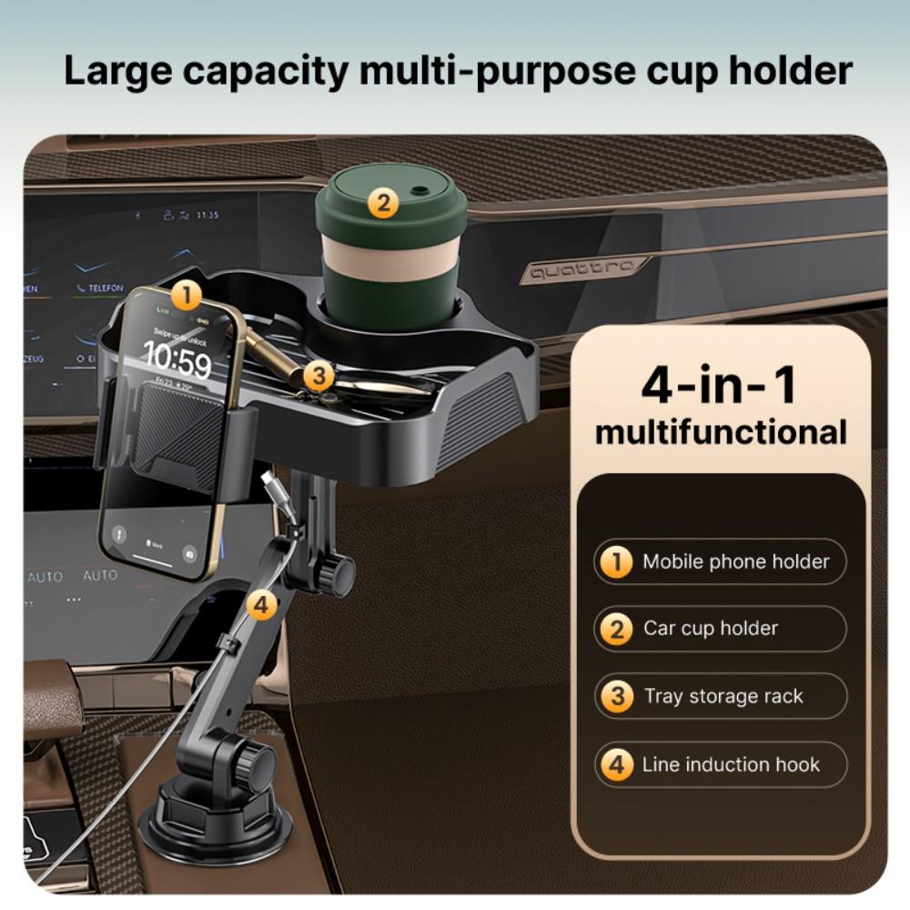 4 in 1 Car Cup Holder Expander Tray with Phone Holder, 360° Rotating Large Car Food Tray, Car Console Organizer for Drink Snack Phone, Universal for Car SUV Truck Van Pickup