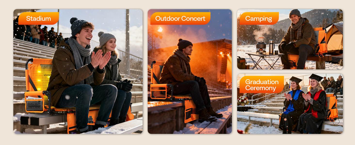 VIVOHOME 35W Padded Heating Stadium Seats, 2 Pack Heated Bleacher Chairs with Back Support, 3 Levels of Heat, Comfortable for Various Sports Events