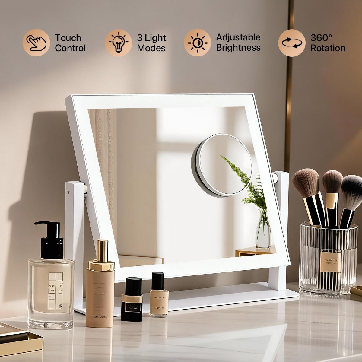 GALENTAL Vanity Mirror with Lights, LED Makeup Mirror with Dimmable 3 Color Modes, Touch Screen Control Vanity Based Mirror Desk Mirror Square White